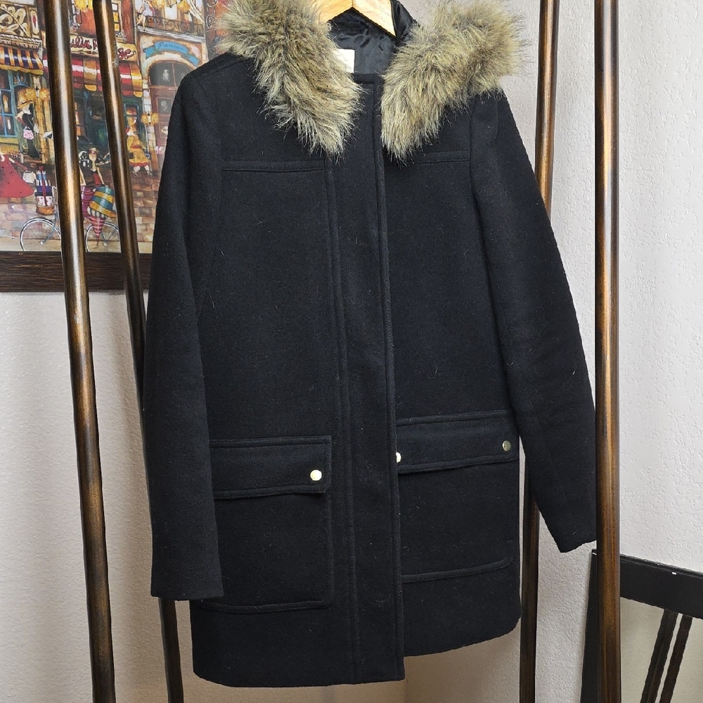 Women's Black Coat with Faux Fur Collar